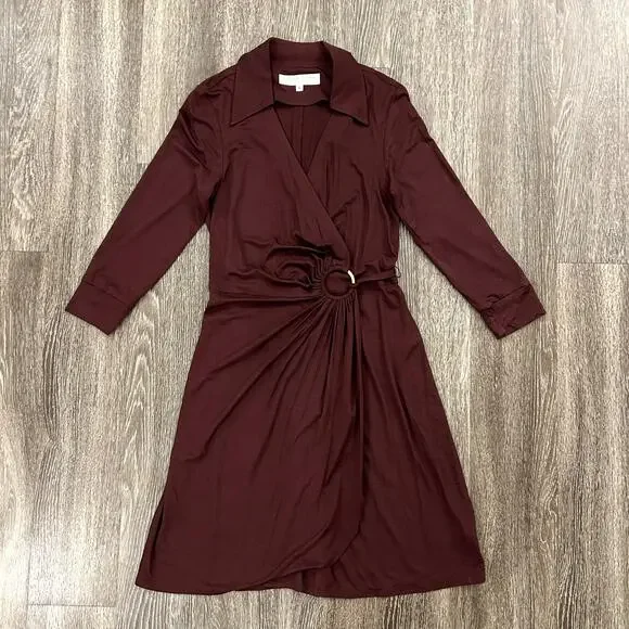EUC Trina Turk Mahalo Burgundy Jersey Wrap Dress Size 8 Long Sleeve Knee Length - Picture 2 of 15